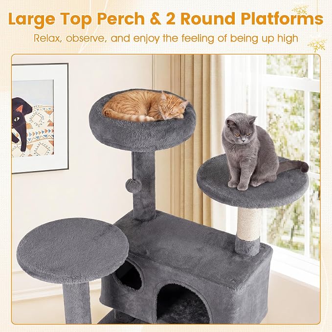 52-inch Cat Tree, Multi-Level Cat Tower with Sisal Scratching Posts, 2 Comfy Condos, Plush Padded Soft Top Perch, Dangling Balls, and Climbing Ladder, Ideal for Indoor Cats (Light Grey)