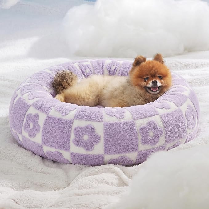 LE SURE Shown on TV Donut Dog Beds for Small Dogs - Calming Cat Sofa as Bed Gift for Indoor Cats with Washable Cover, Round Home Decor Cute Pet Beds with Jacquard Shaggy Plush, 23 Inch, Flower Checks
