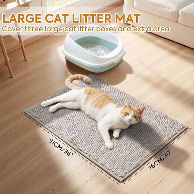 Pieviev Soft Chenille Cat Litter Box Mat, Ultra Absorbent, 36'' x 30'' | Long Plush Chenille Traps Cat Deeply, Waterproof Tpr Anti-Slip Backing, Absorbs Moisture, Machine Washable Cat Mat
