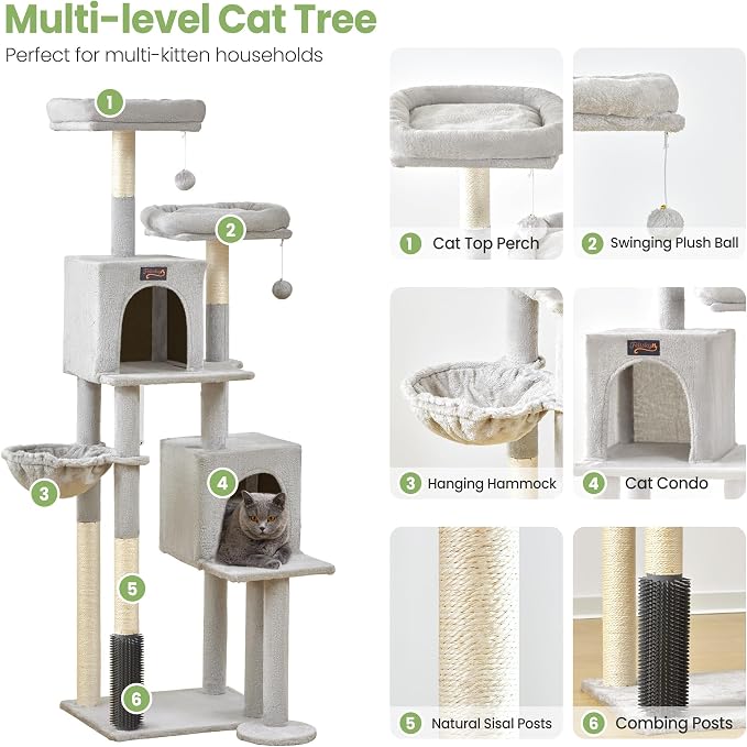 Cat Tree Tower for Indoor Cats Large Adult - 65 inch Extra Tall Cat Condo Trees with Scratching Post Hammock Perch - XL Sturdy Big Heavy Duty Multi Level Cat House Towers - Kitty Climbing Furniture