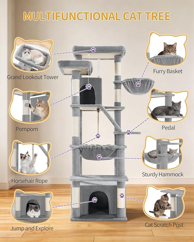 Hzuaneri Large Cat Tree, 72 Inch Tall Multi-Level Cat Tower for Indoor Cats | Cat Condo Furniture with 6 with Sisal Scratching Posts, 2 Large Platforms, 2 Cats House, Hanging Basket, Light Gray MS18318LG