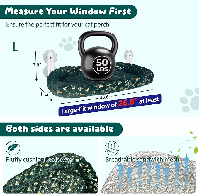 L&W BROS. 2-Pack Foldable Cat Window Perches with Christmas Cushion Bed Easy to Assemble Cats Hammock for Window, Warm Indoor Cat Beds for Large Cats, Edition(M Green)