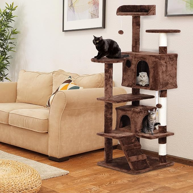 ZENY 53 inches Cat Tree with Sisal-Covered Scratching Posts and 2 Plush Rooms Cat Furniture for Kittens (Brown)