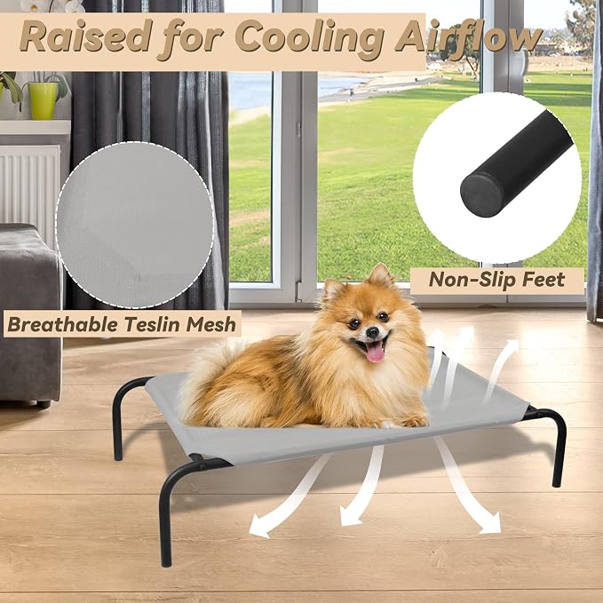 Raised Pet Cot for Small Pets, Elevated Dog Bed with Breathable Mesh, Sturdy Steel Frame for Indoor & Outdoor Use, Non-Slip Design, Easy Clean, 33-Inch Grey