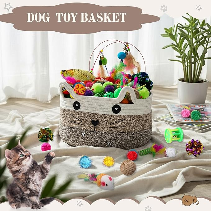 Zopeal 76 Pcs Cat Storage Basket Gift Toys Set Interactive Cat Toys Kitten Wand Colorful Flashing Balls Pet Crinkle Balls Attract Kitten to Swat, Hunt for Pet Indoor(Brown)