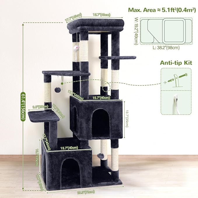 Globlazer Heavy Duty Cat Trees for Big Cats Maine Coon, F61, Dark Grey | Cat Tower for Indoor Large Adult Cats with Scratching Post, Extra Large Top Perch, Cat Condos, 61inch