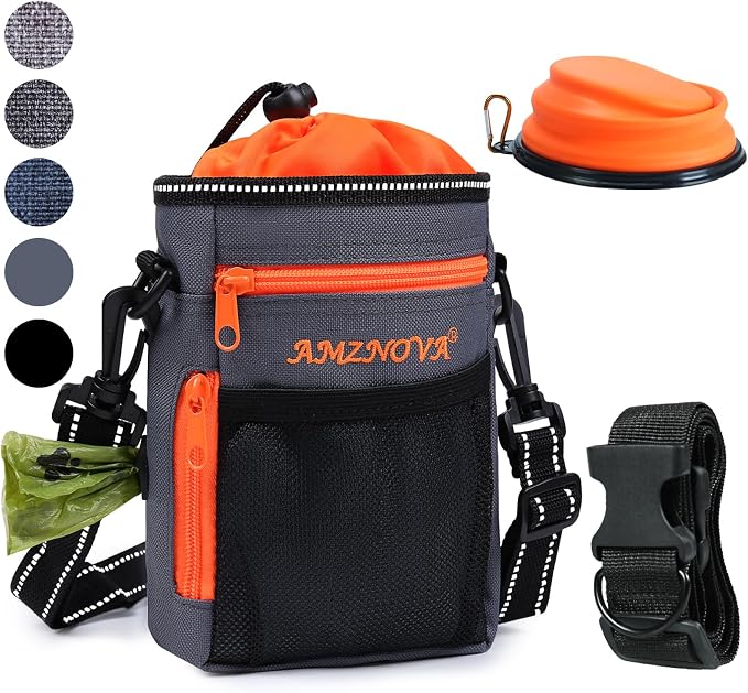 AMZNOVA Dog Treat Pouch Treatnow Dog Treat Bag, 6 Cups, Grey | Training Pouch with Waist Belt & Clicker for Training & Walking, Waist Clip On Snack Fanny Pack for Pet
