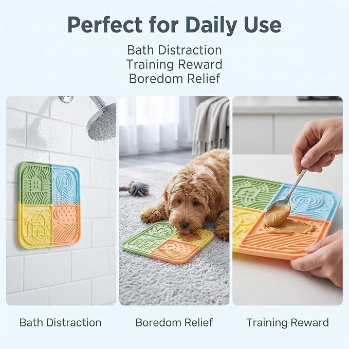 Dog Lick Mat with Suction Cups, 4-Texture Enrichment Slow Feeder for Dogs & Cats, Non-Slip Silicone Licking Pad for Anxiety Relief, Bathing & Training(Multicolor)