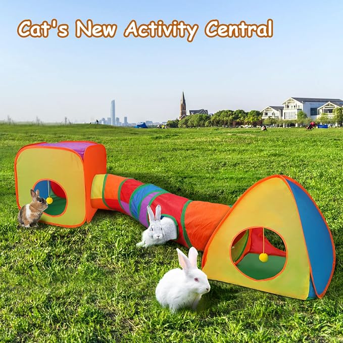 Rypet Cat Tunnels for Indoor Cats with Cube Tent Toys Combo Pop Up Collapsible Crinkle Interactive Peek Hole Cat Tube with Play Ball and Bell for Kitten, Puppy, Kitty, Rabbit