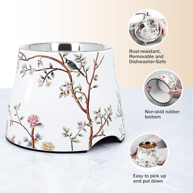 Ceramic Dog Bowl 5 inch Height for Cats and (10-25lbs) Small and Toy size Dogs includes Food-Grade 304 Stainless Steel Bowls Non-Slip 2 Cups(540ml) Bowl Feeder in an Artful and Design (White)