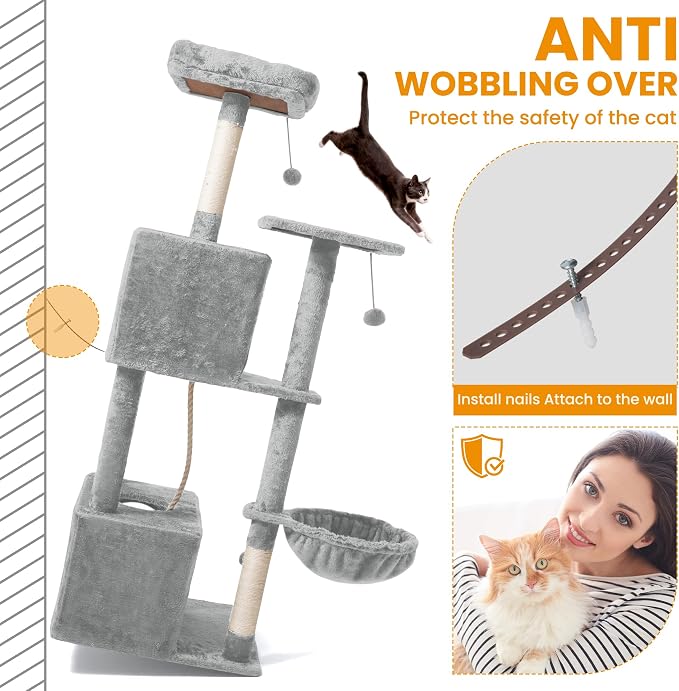 54 Inch Multi-Level Cat Tree Tower with Hammock, Condos & Scratching Posts, Large Cat Furniture for Indoor Cats with Pompoms, Light Grey