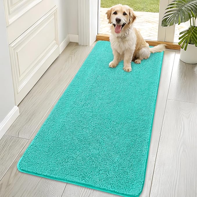 OLANLY Dog Door Mat for Muddy Paws 70x35, Super Absorbent Chenille Mud Mat | Teal, Absorbs Moisture and Dirt, Non-Slip Machine Washable Doormat, Quick-Drying Indoor Entryway Floor Carpet for Dogs