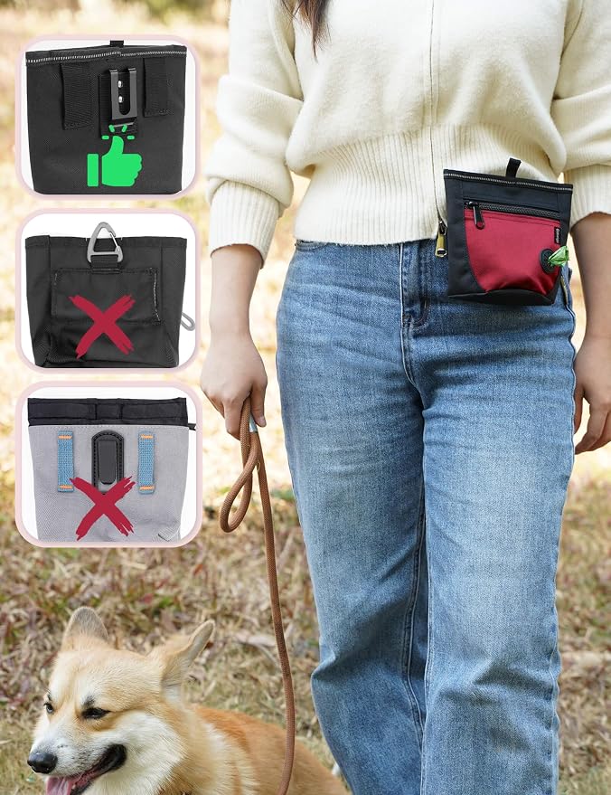 2 Cup Dog Treat Pouch with Training Clicker(Black/Red) | 2 Pair Magnetic Closures, Zipper Pocket with Poop Bag Holder, Waist Belt & Metal Clip to Wear for Pet Training/Daily Walking
