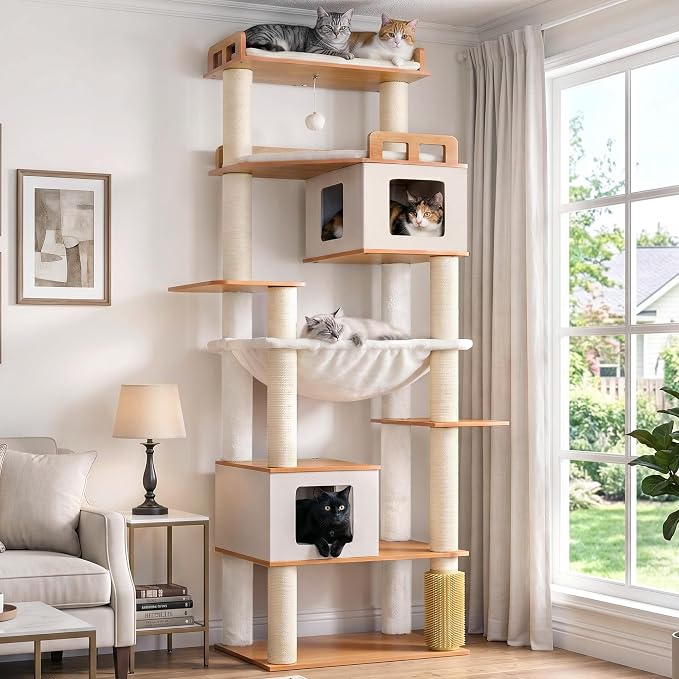 Cat Tree, Wooden Multi-Level Tower for Large Audlt Cats GCT104WB | 76" Cat House Furniture with Big Hammock, 2 Condos，2 Wood Platforms with Safety Railing, Sisal Scratching Posts, Walnut