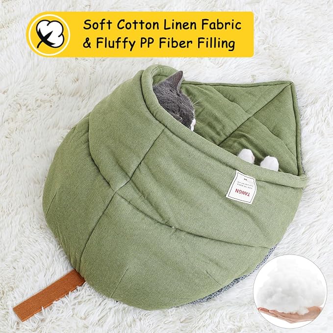 Cat Sleeping Bag Cave Bed with Non-Slip Bottom (Green with Support) | Comfortable Linen Fabric, Non-stick Hair, Felt Handle, Washable, Suitable Size for Most Cats and Puppy, Durable Pet Nest