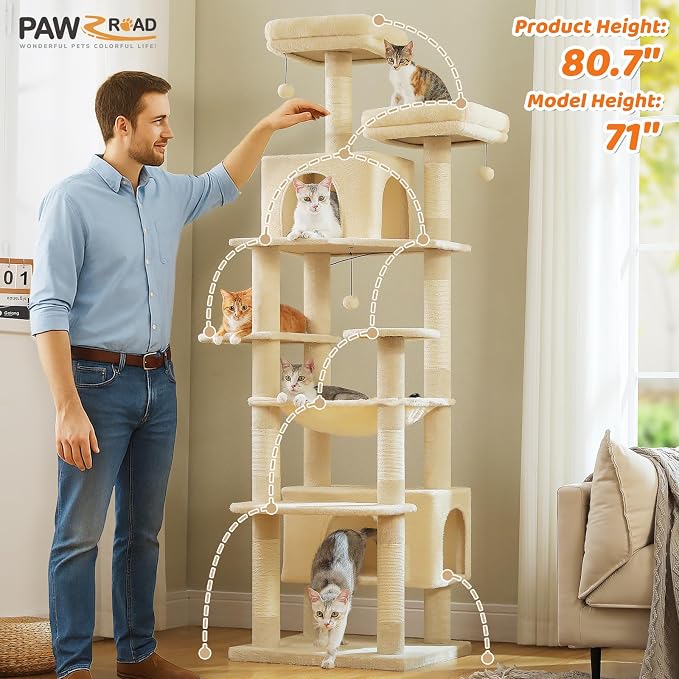 PAWZ Road XXL 81" Cat Tree Large Cats with Big Condos,Perches Sisal Posts | 20"x16" hammock for adult cats, tall cat tower with 7 scratching posts, dual perch and large condo for big maine cats