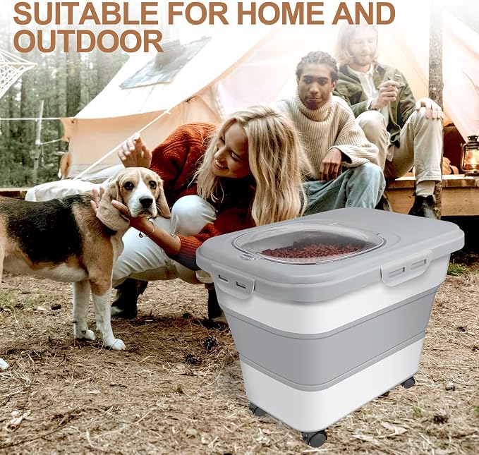 TIOVERY Dog Food Storage Container, 10-20lbs Collapsible Dog Cat Food Containers with Airtight Clear Flip-top，Rolling Wheel and Pet Food Scoop, Pet Food Storage Container Bin for Dog Cat Bird Pets