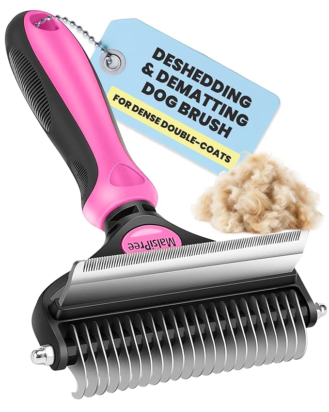 MalsiPree Dog Brush - Pink, 2-in-1 Undercoat & Dematting Rake | 2-in-1 undercoat rake & dematting brush - deshedding tool - Use for medium to large double-coated dogs & cats