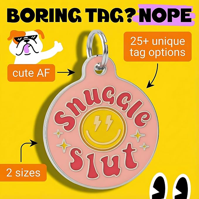 Bad Tags Personalized Dog and Cat ID Tags in 25+ Designs and 2 Sizes - 5 Lines of Custom Engraved Text - Funny Cute Personalized Pet Tags (Snuggle Sl*t - Pink, Large (1.25 inch))