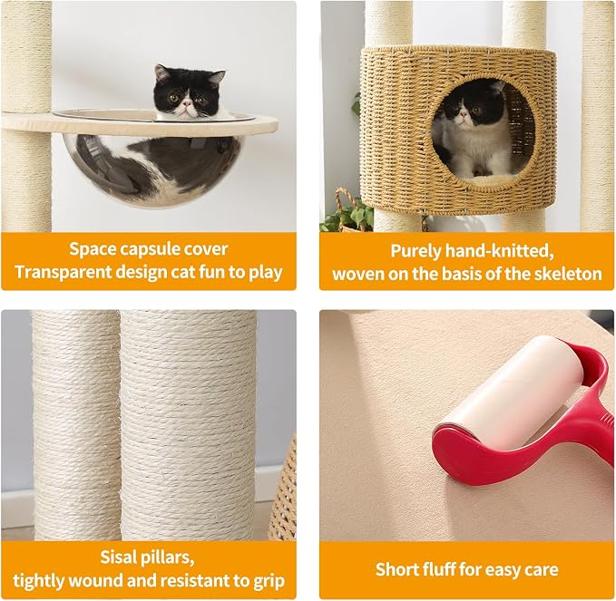 SHODMI 58-Inch Modern Multi-Level Cat Tree Tower for Large Indoor Cats | 8 cm thick sisal posts, semi-enclosed cat condo, clear space capsule, handwoven basket, replaceable plush and cooling mats