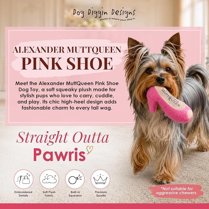 Dog Diggin Designs Pink MuttQueen Plush Dog Toy Shoe | Luxury-Inspired Parody Designer Heel with Squeaker, Soft Plush Fashion Dog Toy – High Heel Essentials
