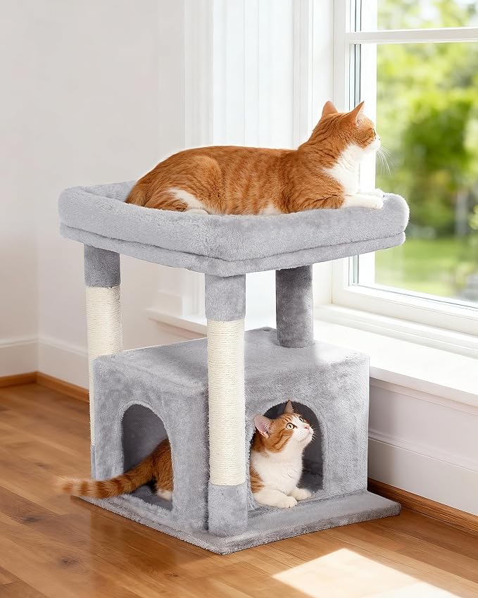 23.6" Cat Tree for Large Cat, 19 * 15.8 in Large Perch, Light Gray | Cat Tower with Scratching Post, 2-door Cat Condo for Adult Indoor Cats, Easy to Clean and Install, Assembly tools included