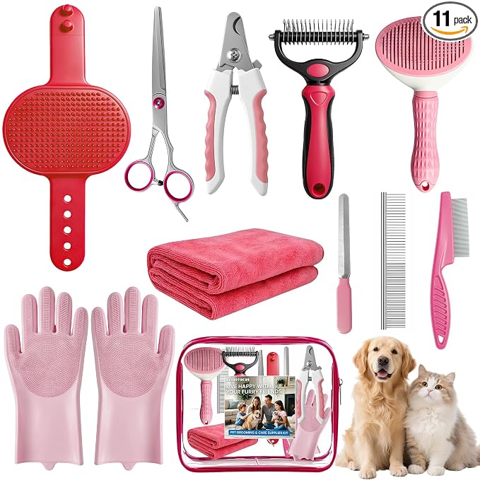 11 Piece Dog Grooming Kit - Hair, Nail, Massage Bath Supplies For Pets Cats | slicker dog brush for shedding，comb, undercoat rake, nail clipper tool, towel, scrubber gloves, scissors, all in one fur care
