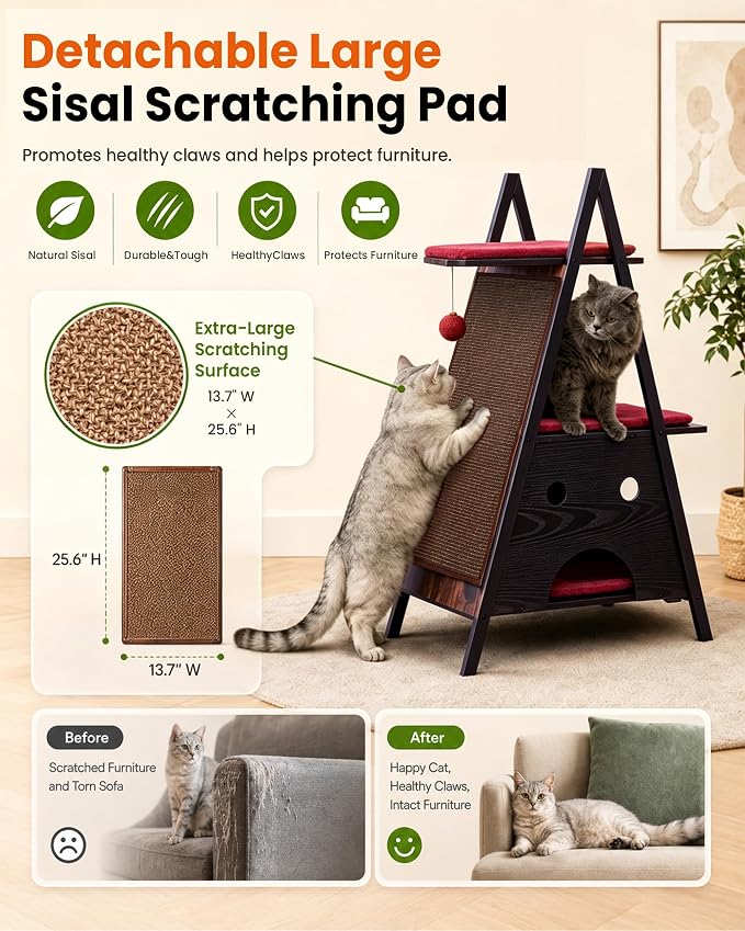 Modern Wood Cat Tree Tower for Indoor Cats Large Adult 67-in Tall | Heavy Duty XL Stable Wooden Cat Condo House Furniture with Multi-Level Spacious Perch Scratching Board Soft Washable Pads