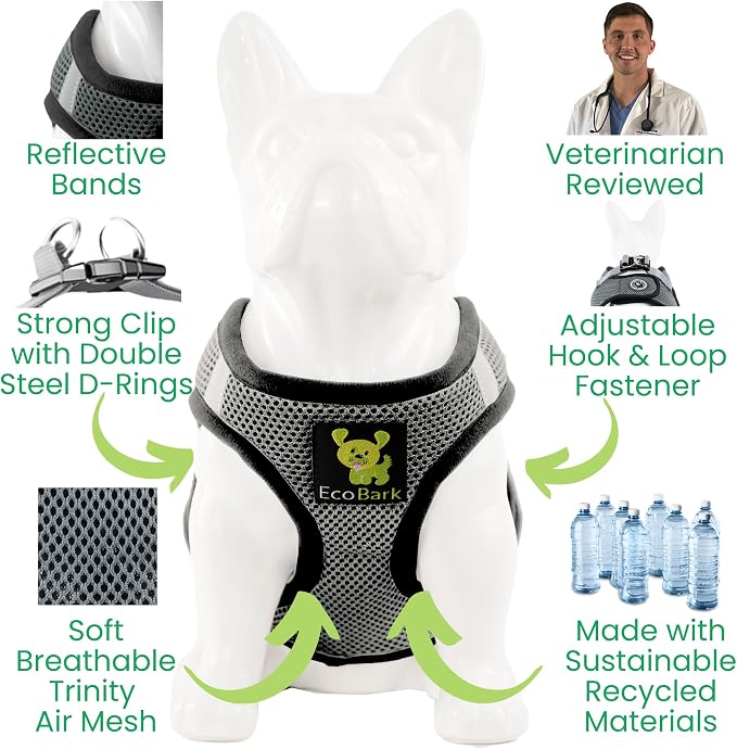 EcoBark Teacup Dog Harness - Luxury Soft Harnesses for Puppy & Tiny Dogs - Reflective Mini Body Halter Vest for Dogs Under 5 lbs (Gray, XXS)