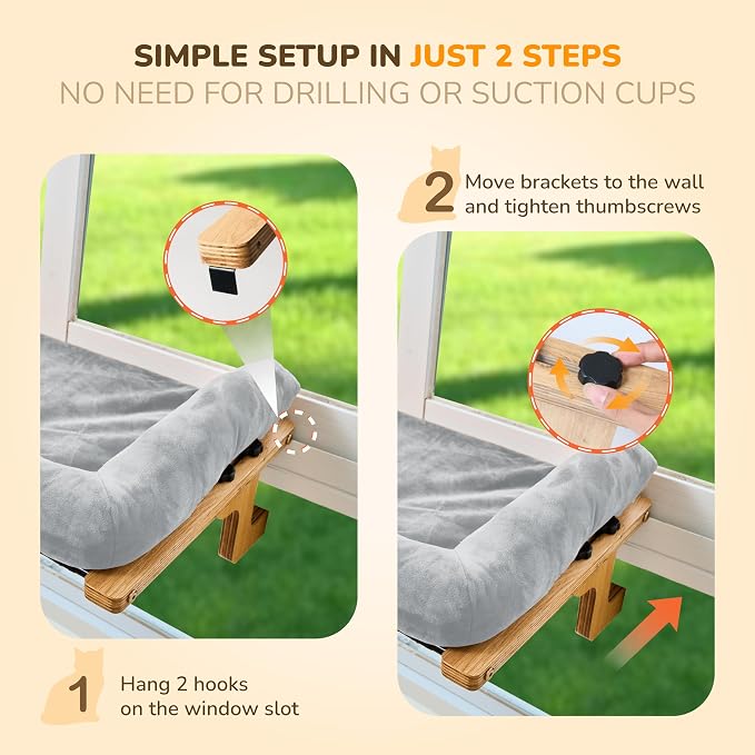 [Ready to Gift] PURRHOUSE Cat Window Perch with Cushion Bolster and Cool Pad, Cat Hammocks for Windows with Wood & Robust Metal Frame for Large Cats, Beds for Windowsill, Bedside and Cabinet,24''W