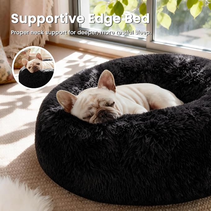 Love's cabin Calming Cat Bed for Indoor Cats, Anti-Anxiety Donut Round Dog Bed,Fluffy Faux Fur Washable Pet Bed for Small Medium Dogs and Cats, Black, 20in