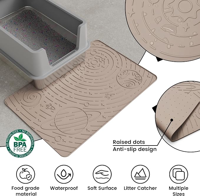 OHMO Cat Litter Mat Medium 23.6x15.7in, Beige Silicone Rubber Scatter Control Kitty Litter Box Trapping Mat, Waterproof Easy to Clean, Odorless Pet Supplies, Indoor Cat Essentials