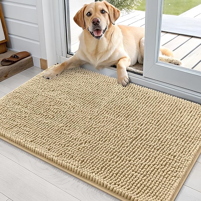 OLANLY Dog Door Mat for Muddy Paws 36x24, Super Absorbent Chenille Mud Mat | Beige, Absorbs Moisture and Dirt, Non-Slip Machine Washable Doormat, Quick-Drying Indoor Entryway Floor Carpet for Dogs