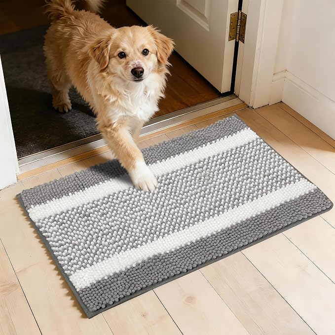 Dog Door Mat for Muddy Paws - Absorbent Quick-Dry Non-Slip Washable Chenille Pet Rug, Indoor Entryway Mat for Front Door & Crate (Gray White, 30" L*18" W)