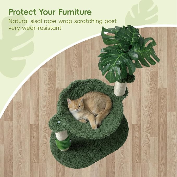 MECOOL Cat Tree Tower 32" Tall Scratching Post with Large Hammcok for Indoor Cats,Self-Massage Bursh Hanging Ball Toys,Monstera Deliciosa Green