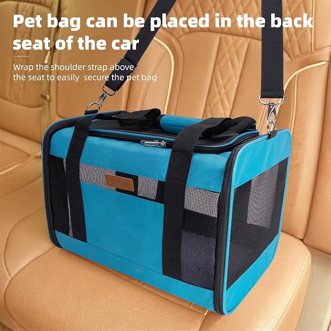 YUNIQUE Soft-Sided Cat & Dog Carrier for Pets Up to 15 Lbs, Airline Approved Collapsible Travel Puppy Carrier with Lightweight Fabric Design (Blue)