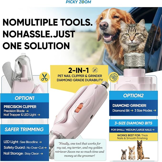 2-in-1 Dog & Cat Nail Clippers and Grinder with LED Light | Sharp Blade, Low-Noise Grinder, Safety Guard & USB Rechargeable Cordless Design for Small, Medium and Large Pets