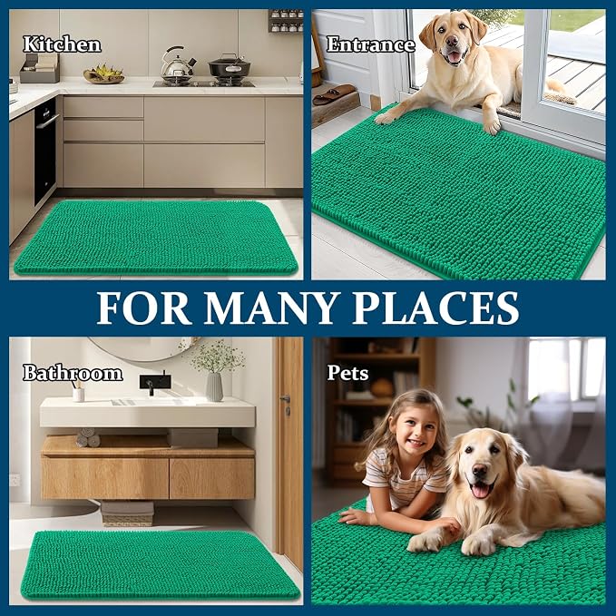 OLANLY Dog Door Mat for Muddy Paws 30x20, Super Absorbent Chenille Mud Mat | Emerald Green, Absorbs Moisture and Dirt, Non-Slip Machine Washable Doormat, Quick-Dry Indoor Entryway Floor Carpet for Dogs