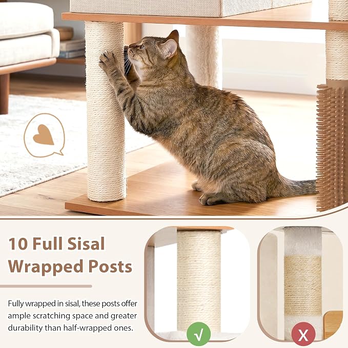 Cat Tree, Wooden Multi-Level Tower for Large Audlt Cats GCT104WB | 76" Cat House Furniture with Big Hammock, 2 Condos，2 Wood Platforms with Safety Railing, Sisal Scratching Posts, Walnut
