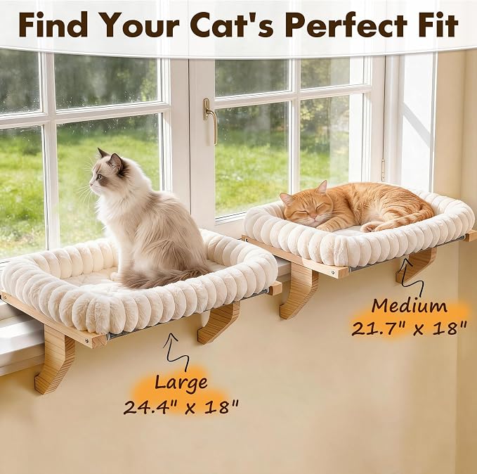 Zoratoo Cloud-Soft Wooden Cat Window Sill Perch with Zipper Cushion,L White | 24.4’’x18’’, Removable for Machine Wash, Fluffy Plush Bolster, Sturdy Metal Frame for Large Cats up to 40lbs, Easy to Adjust