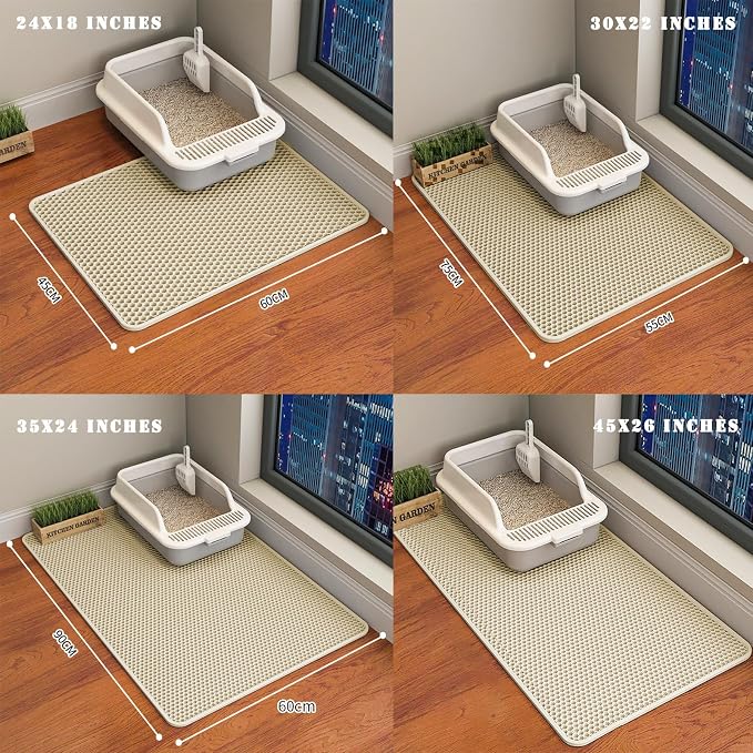 HCY&WLD Cat Litter Mat, Honeycomb Double Layer Litter Trapping Mat | Safe Materials, Soft on Paws, Waterproof Urine Proof Non-Slip, Protects Floors, Less Waste, Easy to Clean, Beige, 35" x 24"
