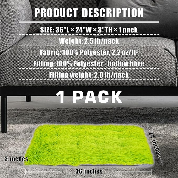 Machine Washable Dog Bed, Deluxe Plush Dog Crate Pad and Cat Bed, Anti-Slip Bottom Kennel Pad Mat, Fuzzy Pet Beds for Large, Medium, Small Dogs Breeds (Grass Green, 36.0"L x 24.0"W x 3.0"Th x 1 Pack)