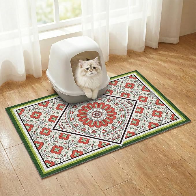 Bohemian Kitty Litter Mat 24"x17",Non-Slip Litter Box Mat, Washable Cat Litter Rug Catcher,Double-Layer Litter Trapping Mat for Scatter Control, Easy Clean Cat Food Mat & Floor Protector
