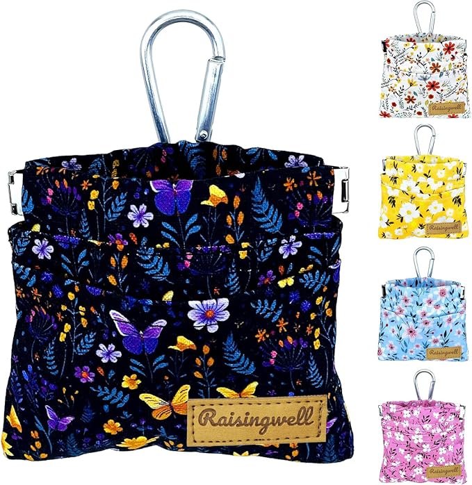 Raisingwell Dog Treat Pouch, Pocket Sized Pet Training Pouch, Cotton Fabric, Hand Free Purple Flower Dog Walking Bag with Carabiner, Self-Closing Pet Feed Snack Reward, for Puppy Travel or Outdoor Use