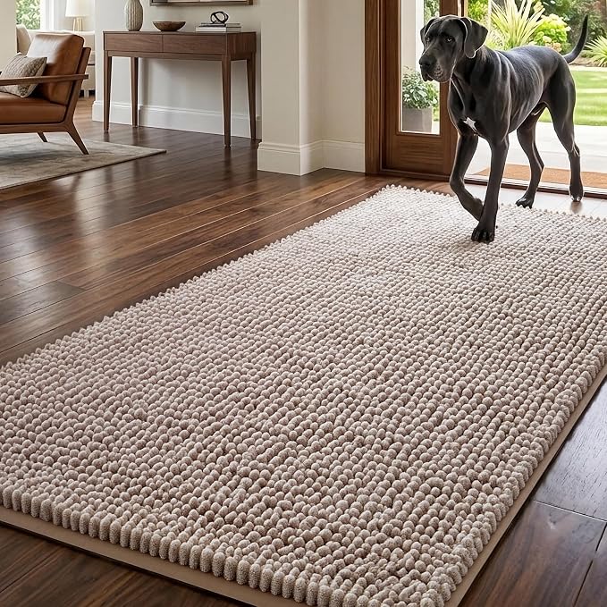 EHEYCIGA Super Absorbent Dog Door Mat for Muddy Paws 60x24 Inch Indoor, Front Doormat Outside Entrance, Quick Dry Chenille Washable Dog Crate Bed, Non-Slip Pet Rug Mud Mat Outdoor Entryway, Beige