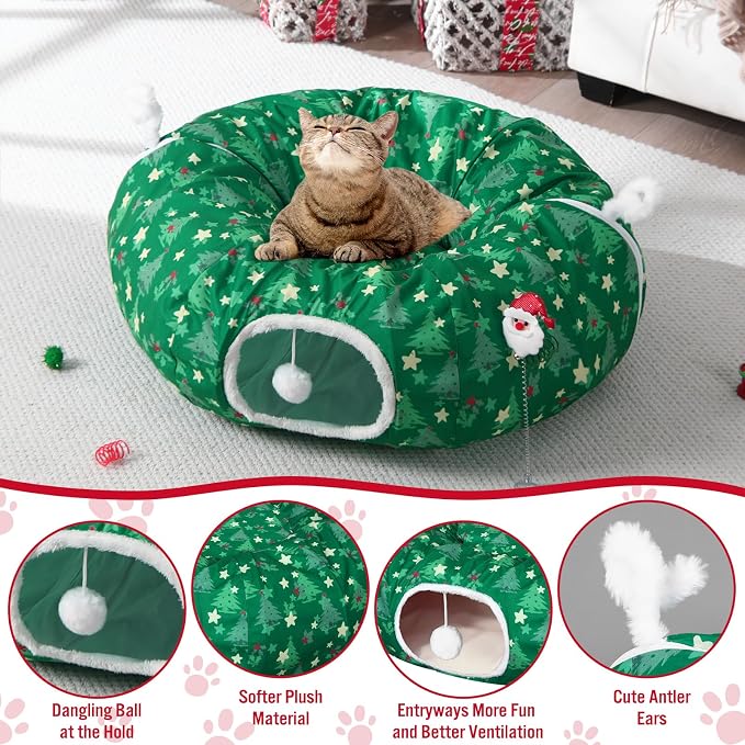Dansydaisy Cat Tunnel Christmas Tree Skirt, Green Christmas Tree Cat Tunnel Bed with Star and Toys, Hanging Pom Ball Plush Washable Cushion Peekaboo Playground for Small Medium Rabbit Xmas Decor
