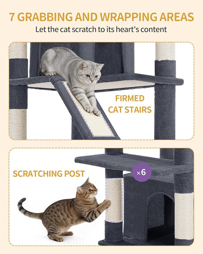 Hzuaneri Large Cat Tree, 72 Inch Tall Multi-Level Cat Tower for Indoor Cats | Cat Condo Furniture with 6 with Sisal Scratching Posts, 2 Large Platforms, 2 Cats House, Hanging Basket, Dark Gray MS18318SG
