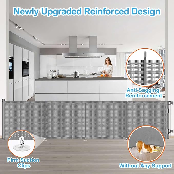 Upgrade 180 inch Retractable Baby Gates, EZIGO Extra Wide Baby Gate for Large Opening Extra Long Mesh Gate for Kids or Pet Dog Gate Child Safety Gate for Stairs Hallways Doorway Indoor Outdoor, Gray