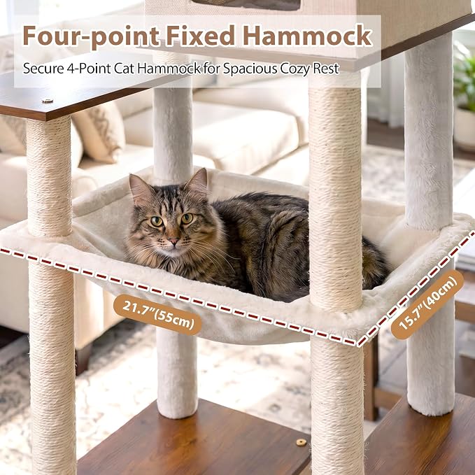 Cat Tree, Wooden Multi-Level Tower for Large Audlt Cats GCT104EB | 76" Cat House Furniture with Big Hammock, 2 Condos，Wood Platforms with Safety Railing, Sisal Scratching Posts, Earth brown
