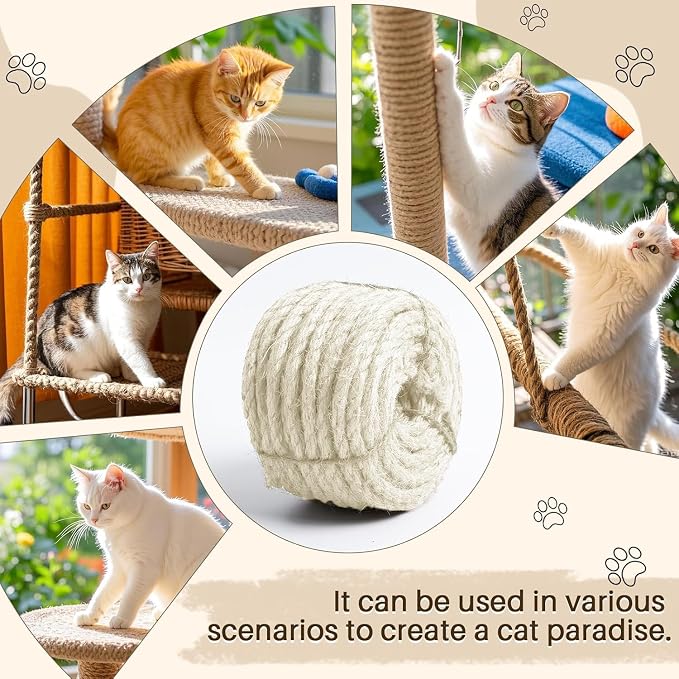 Sisal Rope for Cat Scratcher 1/4" 100 Ft Cat Tree Twine for Repairing Cat Scratching Post Replacement DIY Hemp Rope for Carpet Mat, Pet Toy, and Crafts Gardening Home Decorating (Green)